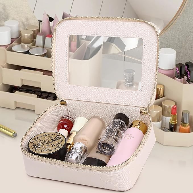 Pinkmik Clear Makeup Bag, (Beige, M) | Waterproof, Travel Cosmetics and Toiletries Case, Portable Makeup Organizer, Clear Car Bag with Zipper - Image 4