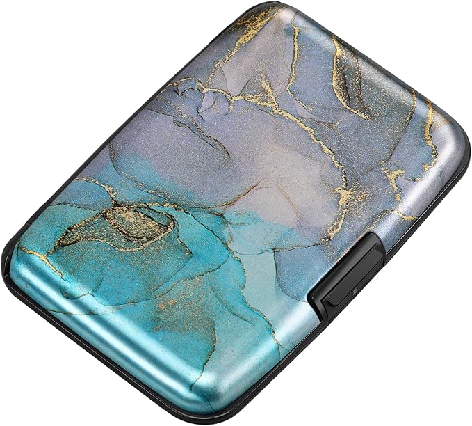Mini RFID Aluminum Wallet Credit Cards Holder Business Card Case Metal ID Case for Men Women（Blue Purple Marble by ELFISH