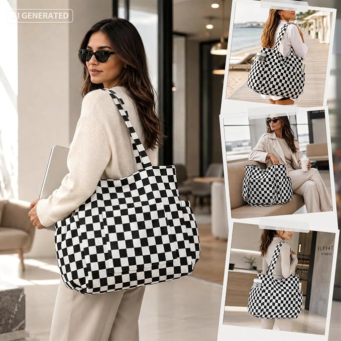 Corduroy Tote Bag for Women,Large Capacity Cute Tote Bags With 6 Pockets,Crossbody Shoulder Handbag for Work Travel Gym - Image 2
