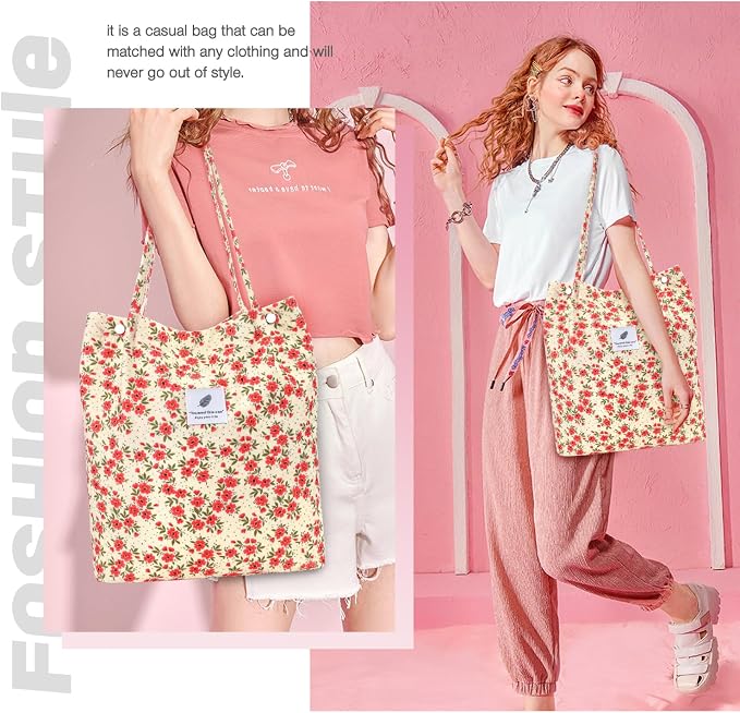 LHMTQVK Corduroy Tote Bags for Women, Large Capacity Tote Purse Reusable Grocery Shoulder Bag with Inner Pockets - Image 5