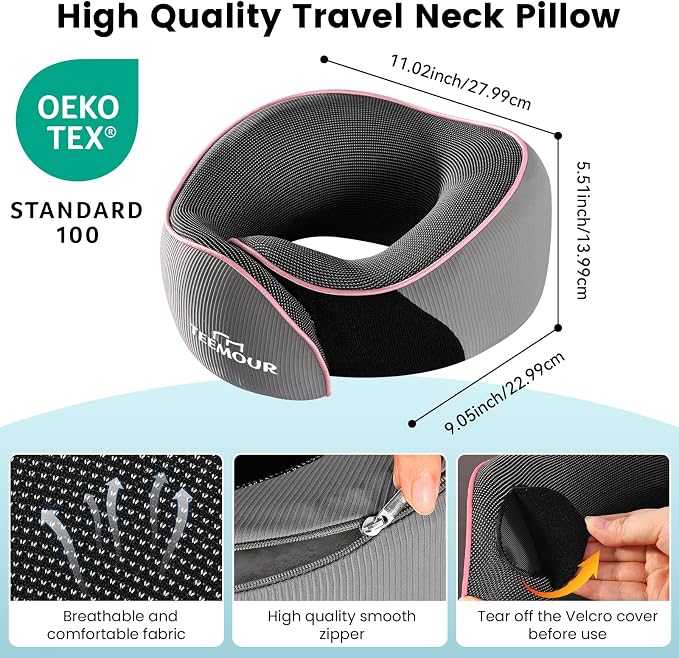 Teemour Travel Neck Pillow Airplane- Upgraded Memory Foam Neck Pillow for Airplanes 360° Support Desing, with Eye Mask & Earplugs, Portable Carry Bag for Long Flights, Business Trip|Travel Essentials - Image 5
