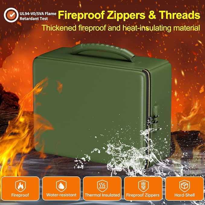 ENGPOW Fireproof Document Box with Lock & Heat-Resistant Fireproof Zipper | 6400°F 12-Layer Fire Protection, Hard File Organizer with Pockets, Portable Home Chest Safe Storage for Money,Jewelry, Green - Image 3