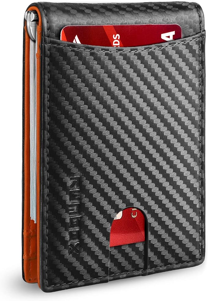 RUNBOX Slim Wallets for Men with RFID Blocking & Minimalist Mens Front Pocket Wallet Leather Black&inner Orange by RUNBOX