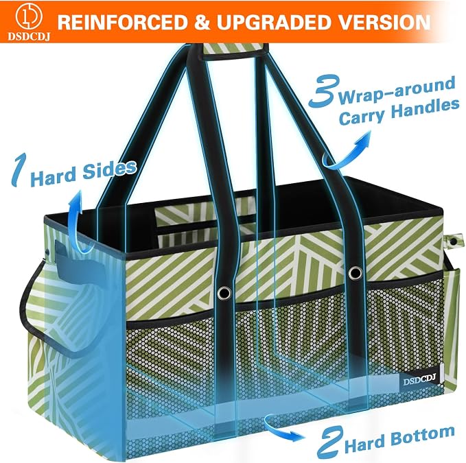 Upgrade Extra Large Utility Tote Bag with Reflective Strip, Standing Reusable Grocery Bags with Hard Bottom, Collapsible Utility Tote with Handles for Shopping, Beach, Picnics, Car, Twill Green - Image 3