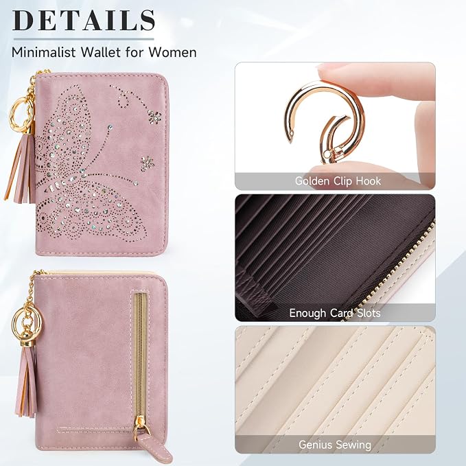 KITEVIUN Women RFID Blocking Small Bifold Wallet, Compact Cash Clutch with Zipper Coin Pocket, Glittery Butterfly Design, Credit Card Holder, Travel Purse with Tassel PURPLE - Image 5
