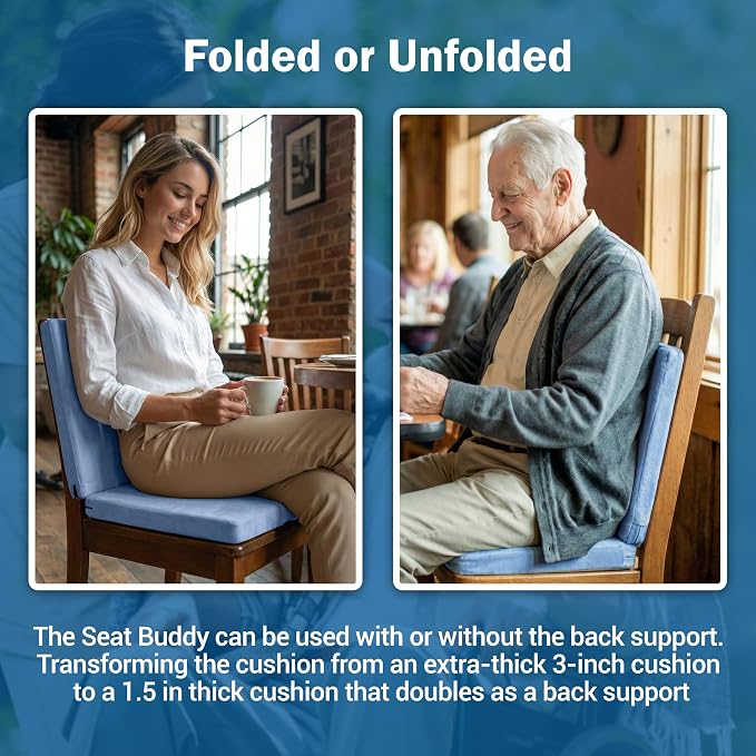 Skil-Care Seat Buddy Cushion, Foldable, 16"x16", Blue Cozy Cloth, 914350 | 1.5" Foam Padding, Non-Slip Bottom, Snap-Close Fold, Built-In Handle, Removable Zippered Cover, Machine Washable, Travel Use - Image 5