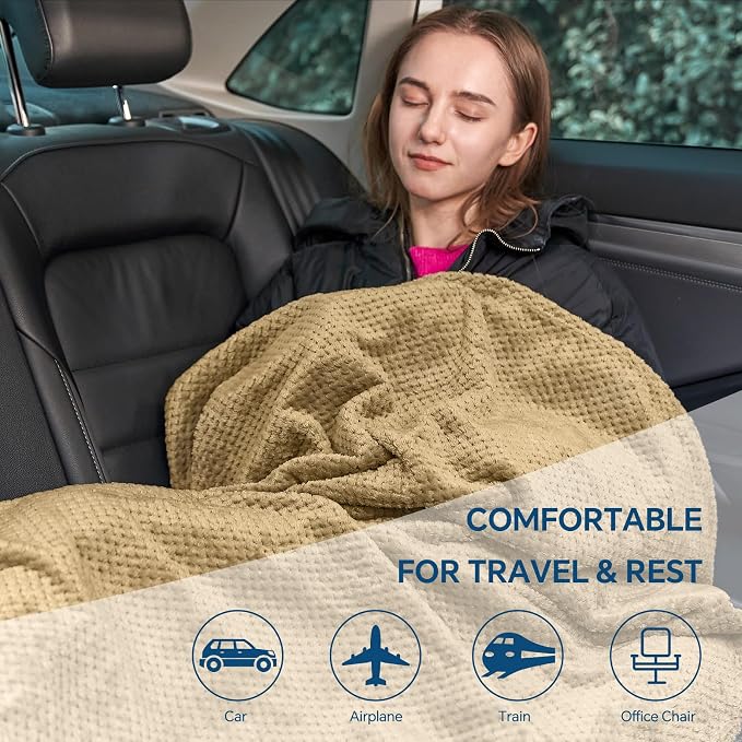 BEDELITE Travel Blanket with Bag, Jacquard Fleece Blanket 65"x40", Camel | Ultra-soft Airplane Blanket, Luggage Sleeve & Backpack Clip, Travel Essentials for Women, Foldable as Pillow for Long Flight - Image 7