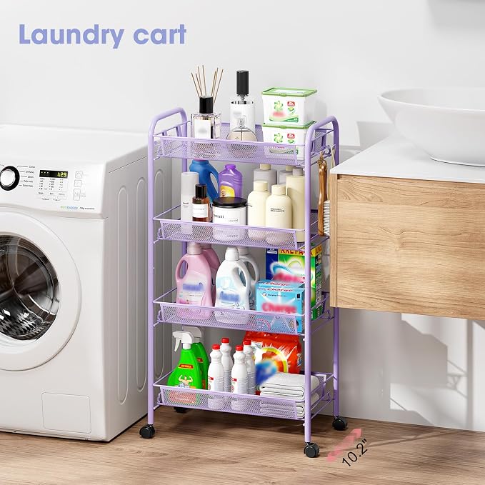 TOOLF 4 Tier Rolling Cart, Metal Utility Storage Cart with Wheels, Purple | 3 Hooks, Screwless Assembly, Trolley Organizer for Bathroom, Kitchen, Office, Nursery, Dorm, Laundry Room - Image 2