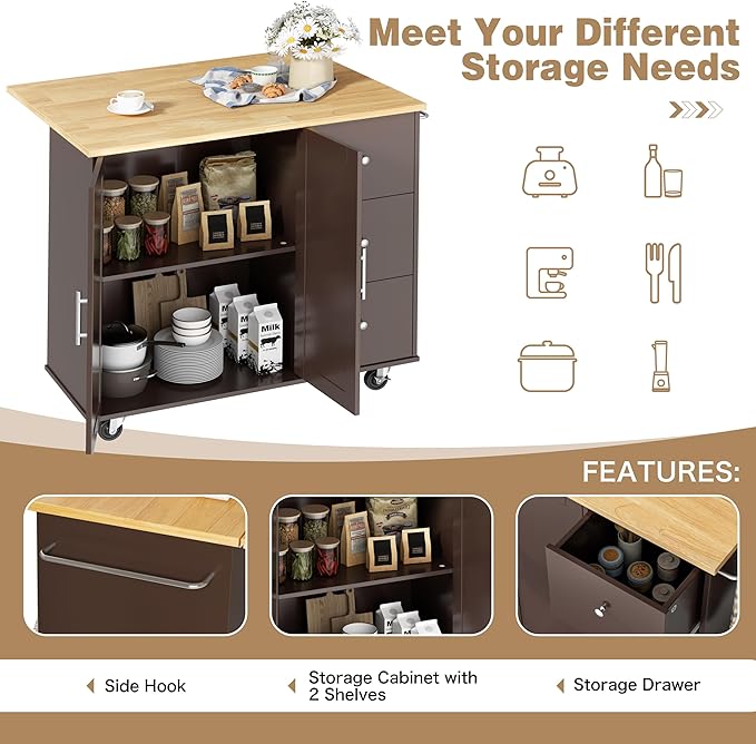 Shintenchi Kitchen Island with Folding Drop Leaf, Rolling Island Table with Storage, Kitchen Cabinet on Wheels with Seating Area for Kitchen, Bar Cart with Cabinet, Brown - Image 6
