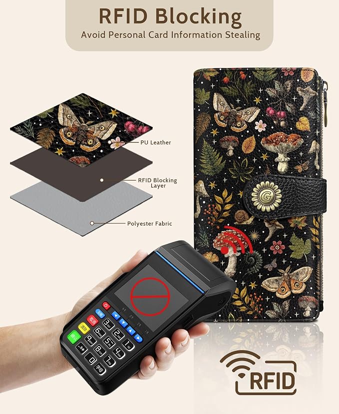 GIANCOMICS Mushroom Womens Wallet RFID Blocking, Credit Card Holder Bifold | Billfold, Cute Cash Purse, Travel Zipper Coin Pocket, Compact Clutch, PU Leather, ID Window, 11 Card Slots, Ladies Gift Woman - Image 4