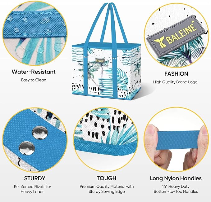 BALEINE 3PK Reusable Grocery Bags, Heavy Duty Shopping Tote Bag | 12'' Long Handles, Reinforced Bottom Keeps Upright, Fold Flat Storage, Water-Resistant Shopping Bag, Multiple Color Options - Image 3