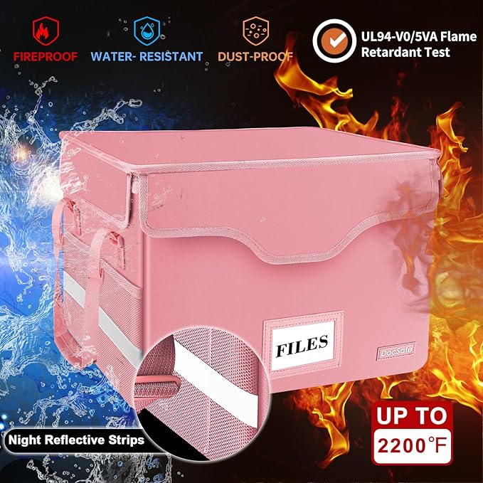 DocSafe Fireproof Document Box with Lock,File Storage Organizer with Pockets,Collapsible Portable File Box Home Office Safe Filing Cabinet with Handle for Hanging Letter/Legal Folders,Pink,2 Pack - Image 4