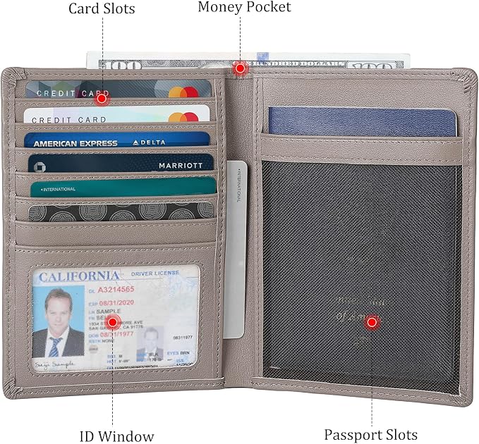 Polare Leather AirTag Passport Holder RFID Blocking Travel Bifold Wallet | Luxury Napa Cowhide Leather, AirTag Slot, Vintage Passport Cover Case, International Travel Wallet, Grey - Image 4
