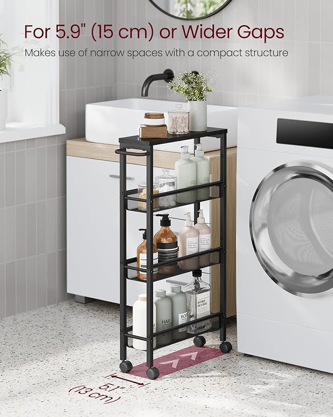 VASAGLE Slim Rolling Cart, 4-Tier Storage Cart, Narrow Cart with Handle, 5.1 Inches Deep, Metal Frame, for Kitchen, Dining Room, Living Room, Home Office, Ebony Black and Classic Black ULRC032B04 - Image 3