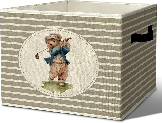 Rustic Bear Golf Storage Bins Boxes with Handles | toys books clothes, grey striped nursery foldable basket for organizing bedroom toddler room playroom by Unknown