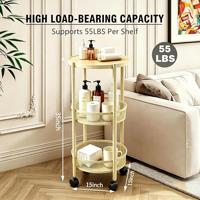 3-Tier Foldable Rolling Cart, Collapsible Metal Utility Cart with Wheels, Assembly-Free, Round Storage Organizer Trolley for Kitchen, Bathroom, Dorm, Nursery-Light Yellow - Image 4