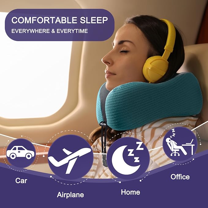 napfun Neck Pillow for Travel, Memory Foam Airplane Pillow, Teal | 360° Neck Support, Upgraded 100% Memory Foam for Airplane, Car, Train, Bus, Office Sleep, Travel Essentials for Long Flights - Image 6