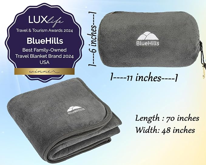 BlueHills Premium Soft Rolled Travel Blanket Airplane Plush Throw - Gray | 70X48 Large Plane Pillow/Blanket, Luggage Strap, Soft Case, Must Have Airplane Essential, Long Flights, Portable, Lightweight - Image 5