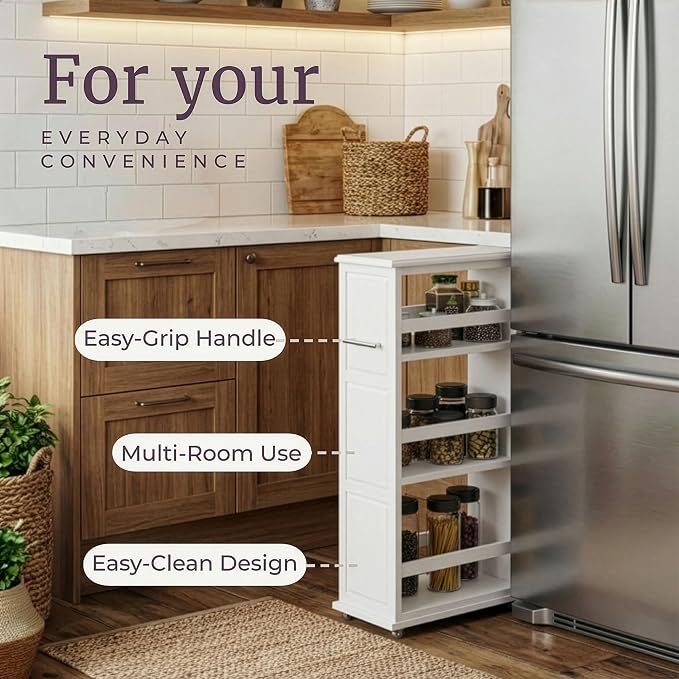 Lavish Home 3 Tier Slim Utility Rolling Storage Cart, White, 16.7”W x 9”D | Narrow Rolling Cart Storage Organizer with Handle and Wheels for Bathroom, Laundry Room, and Kitchen, Pull-Out Home Organizer - Image 3