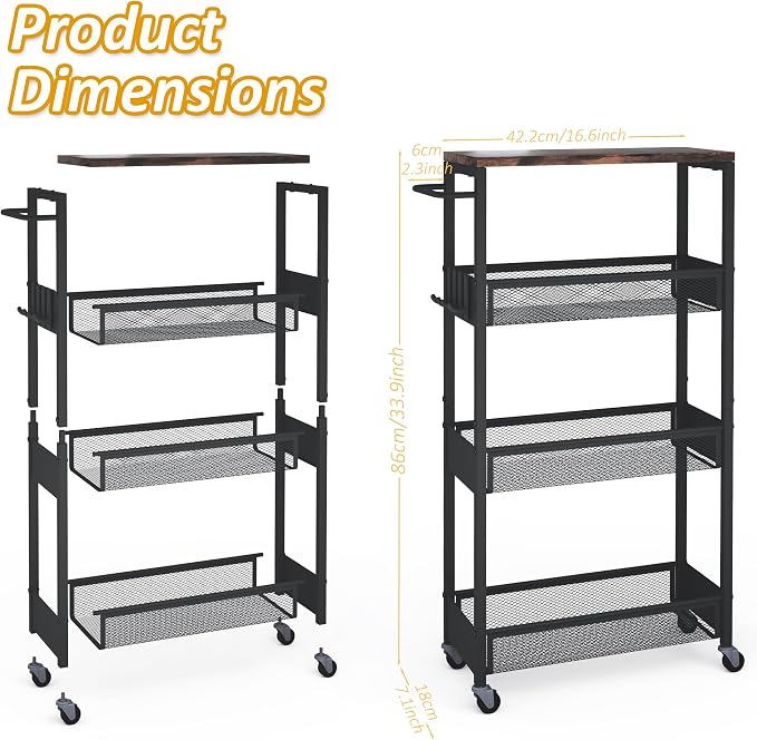 Vincona 7.1" Wide Slim Rolling Utility Cart, 4 Tier Metal Narrow Storage Cart with Handle and Wood Top, Multifunctional Small Mobile Shelf Unit Organizer Trolley for Laundry, Bathroom, Kitchen - Image 7