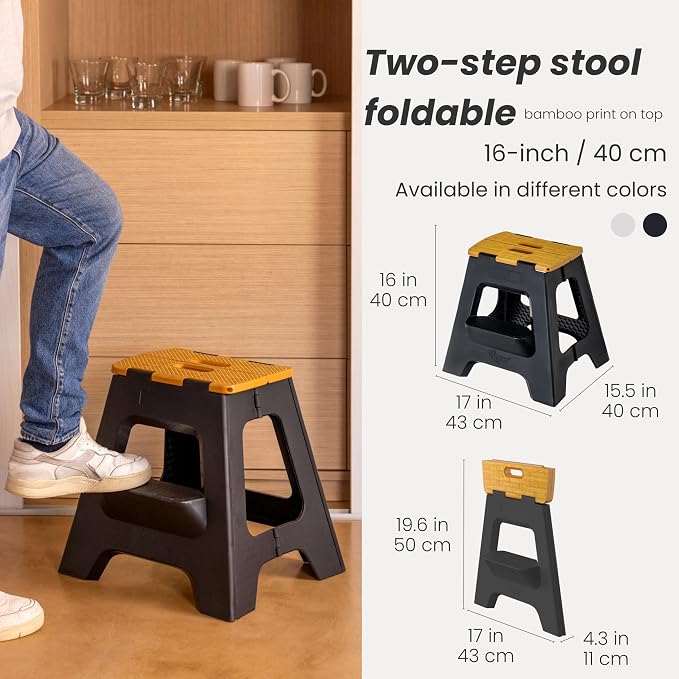 Vigar Compact Folding Step Stool, 16 in 2 Step, Black Bamboo Print | 16 in Foldable Stool, Lightweight Portable Design, Handle, Non Slip Surface, Space-Saving, Supports up to 330 lb - Image 2