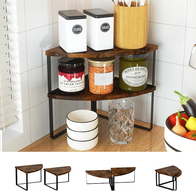 Golener Kitchen Corner Shelf, Corner Spice Rack, Counter Shelf, Stackable | Kitchen Counter Organizer, Plate Organizer for Cabinet, 2-Tier Corner Countertop Shelf, Corner Desk Shelf, Rustic Brown - Image 9