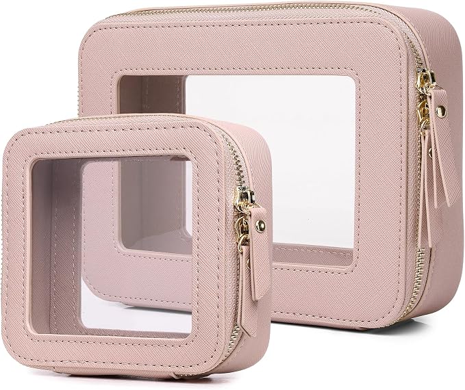 Pinkmik Clear Makeup Bag, (Pink, M+MINI) | 2PC,Waterproof, Travel Case for Cosmetics and Toiletries, Women's Purse Organizer, Clear Car Bag with Zipper by Pinkmik