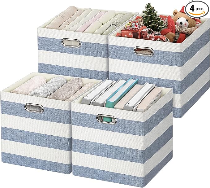 13x13x13 Storage Cubes Bins,Collapsible Fabric Bins 4Pack,Blue-white | Fabric Storage Drawers Cubby Organizer Bins Striped Container for Organizing Home Office Wardrobe Closet Shelf by Posprica
