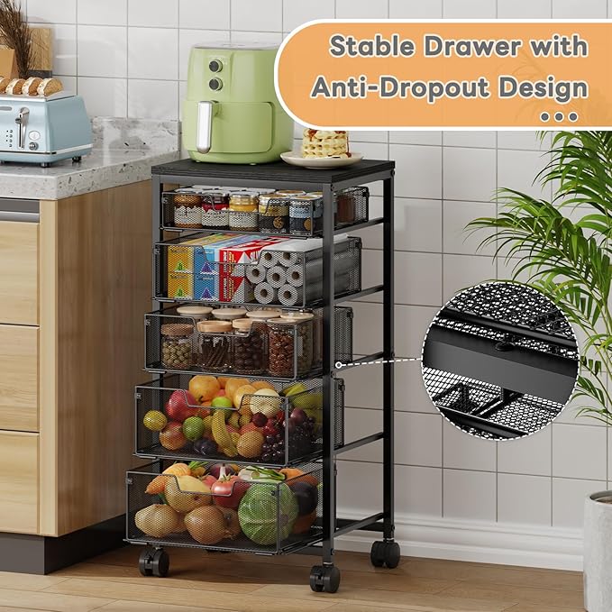 Kitchen Storage Cart with Drawer, 5-Tier Fruit Vegetable Storage Cart, Kitchen Organizer and Storage Cart with Wheels, Wooden Top Metal Wire Pantry Storage Cart rack for Fruit Snack Onion Potato - Image 2