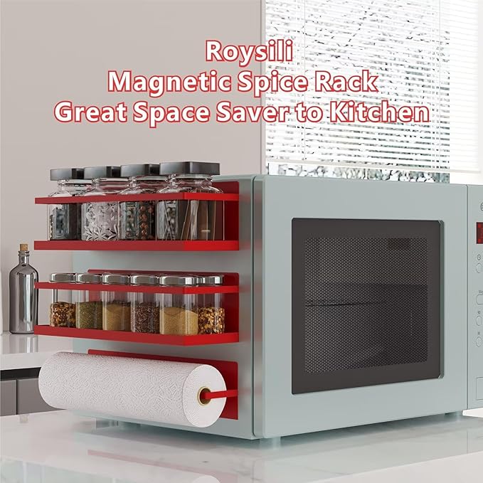 Magnetic Spice Rack For Refrigerator, Space Saving Magnetic Shelf For Fridge Red 4 Pack With Magnetic Paper Towel Holder - Image 6