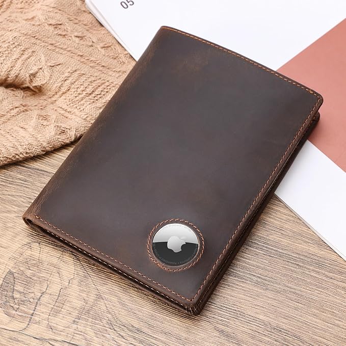 Polare Leather AirTag Passport Holder RFID Blocking Travel Bifold Wallet | Luxury Full Grain Cowhide Leather, AirTag Slot, Vintage Passport Cover Case, International Travel Wallet, Dark Brown - Image 6