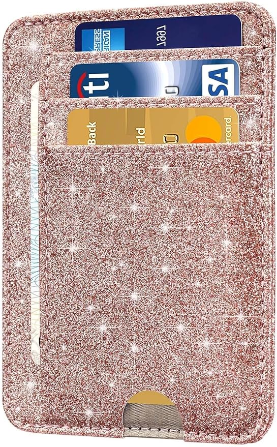 HOTCOOL Card Holder Wallet Front Pocket Minimalist Travel Cute Funny Thin Leather With RFID Blocking Small Credit Card Holder Wallet for Men & Women Girls Organizer Gifts, Glitter Rose by HOTCOOL