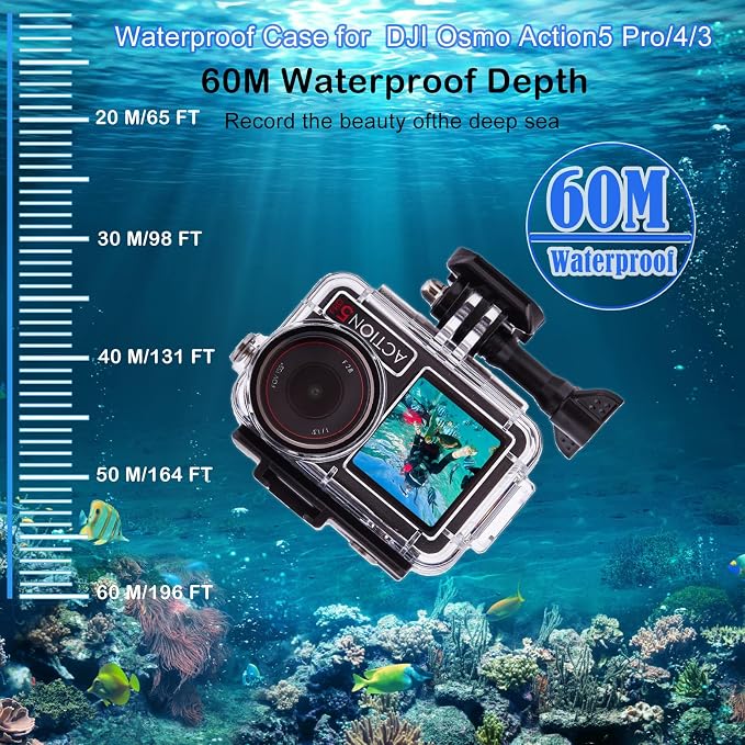 196FT/60M Waterproof Case for DJI Osmo Action 5 Pro/4/3 | with 3 Pack Dive Filters, Underwater Protective Housing Dive Kit, Professional Action Camera Dive Accessory - Image 2
