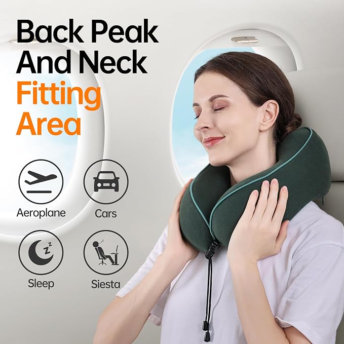 Travel Pillows for Airplanes,100% Pure Memory Foam Travel Neck Pillow | Washable Cotton Cover,Comes with 3D Eye Mask,Earplugs,Storage Bag,Ideal Travel Gift,Relieve Neck Pressure,Dark Green - Image 2