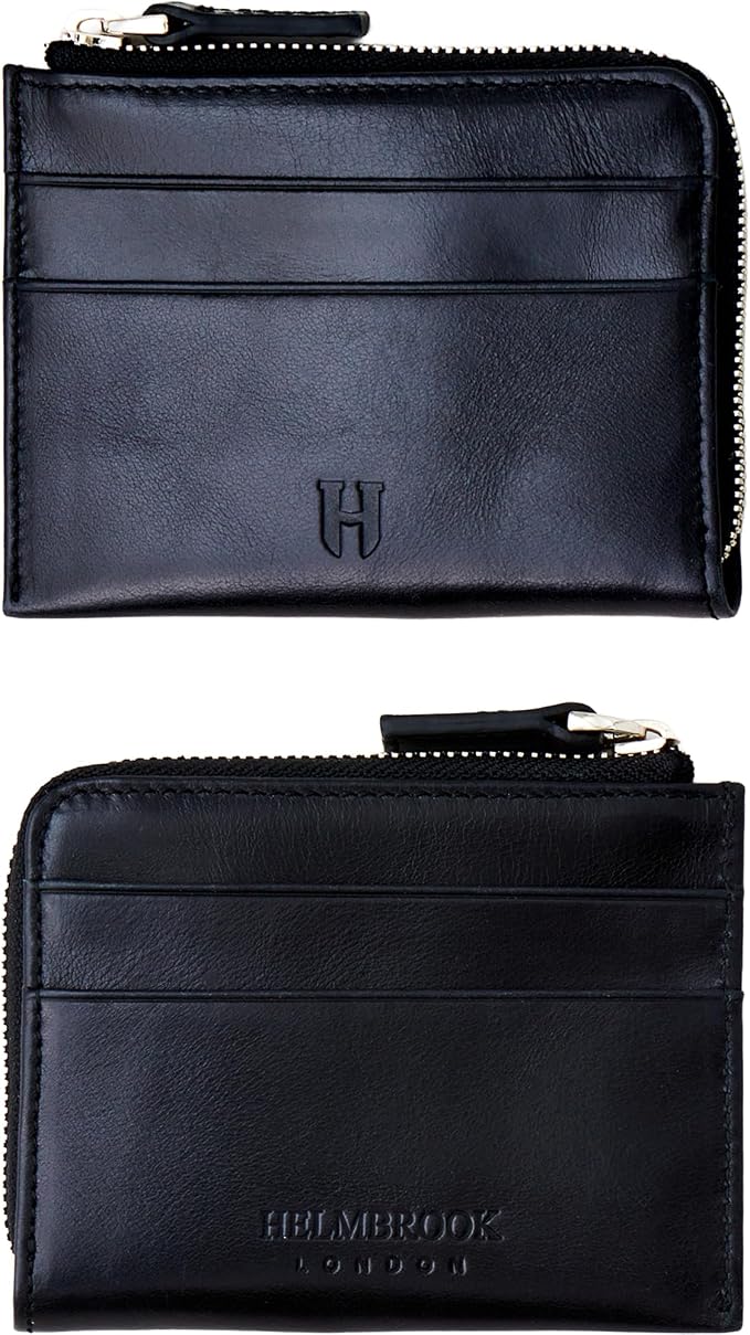 RFID Blocking Zipper Wallet, Slim Business Card Holder, Men & Women, Handcrafted Full-Grain Leather, Gift Box & Pouch, Christmas & Birthday, Black by HelmbrookLondon
