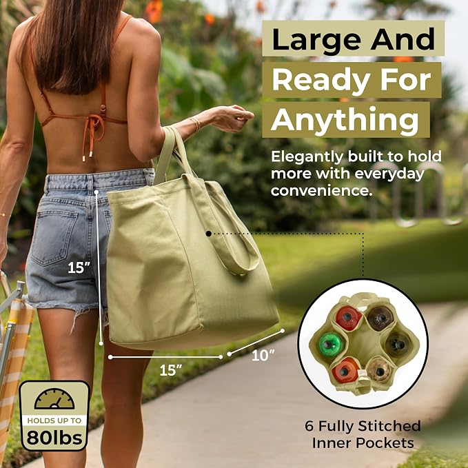 VeraMia Canvas Grocery Bag 3pc XL Set with Real Pockets, Long Shoulder Strap and Short Handle. Heavy Duty, Foldable, Washable - Image 2