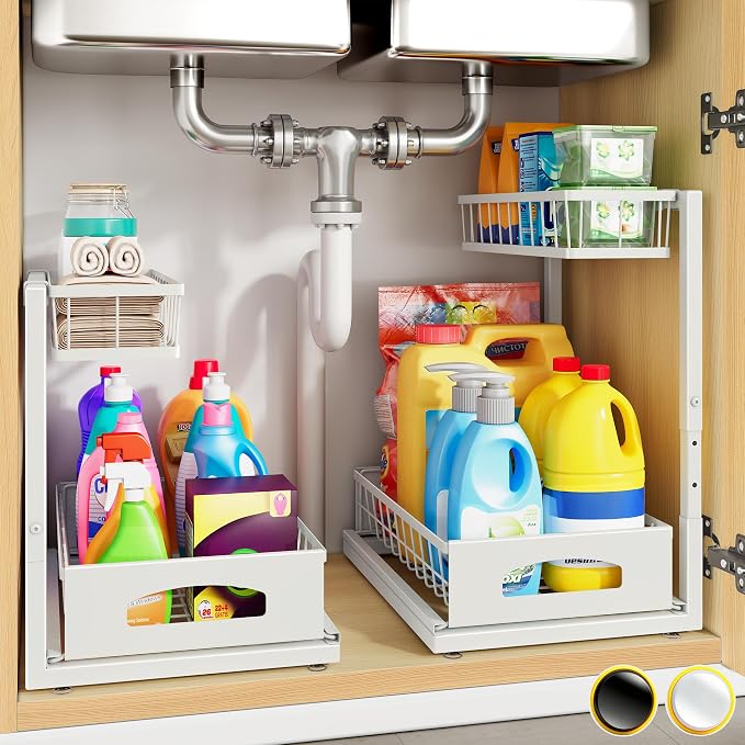 Under Sink Organizer, 2-Pack L-Shaped Metal Pull-Out Drawers for Kitchen | Cabinet Organizer Height Adjustable Heavy Duty Metal 2-Tier Storage Fits Beside Common Pipes for Bathroom Pantry - Image 9