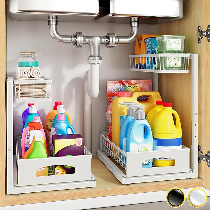 Under Sink Organizer, 2-Pack L-Shaped Metal Pull-Out Drawers for Kitchen | Cabinet Organizer Height Adjustable Heavy Duty Metal 2-Tier Storage Fits Beside Common Pipes for Bathroom Pantry by Fabutier