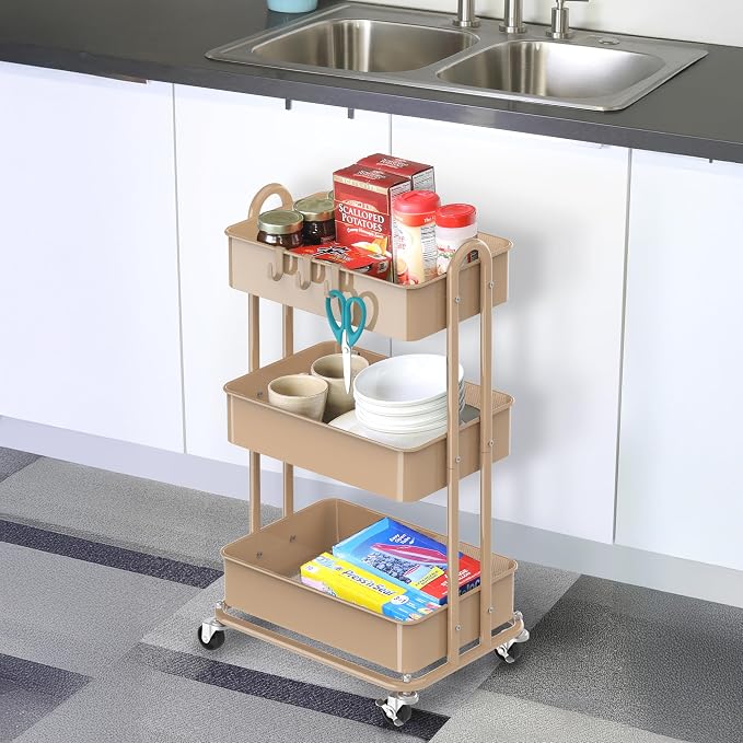 Simple Houseware 3-Tier Heavy Duty Metal Utility Rolling Cart, Khaki - Image 5