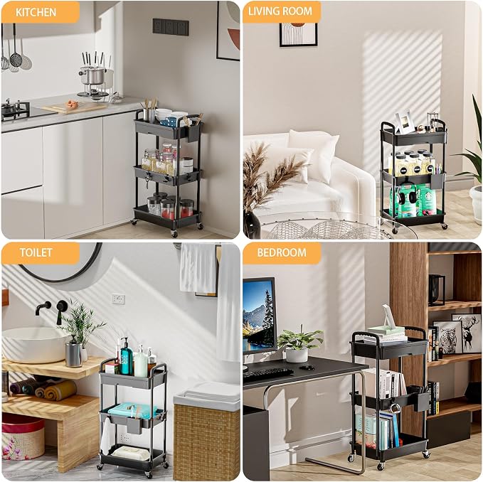3 Tier Rolling Utility Cart with Drawer,REBECAT Utility Cart Made of Multifunctional Storage Organizer Tool for Kitchen,Bathroom,Living Room,Office(Black) - Image 6
