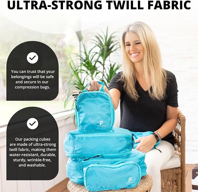 8 Piece Compression Packing Cubes Set - Double Capacity Design for Travel - Small, Medium & Large Sizes - Carry-On Suitcase Organizer Bags (Turquoise) - Image 7