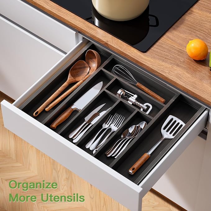 Pipishell Bamboo Expandable Drawer Organizer for Utensils Holder, Adjustable Cutlery Tray, Wood Drawer Dividers Organizer for Silverware, Flatware, Knives in Kitchen, Bedroom, Living Room (Black) - Image 6