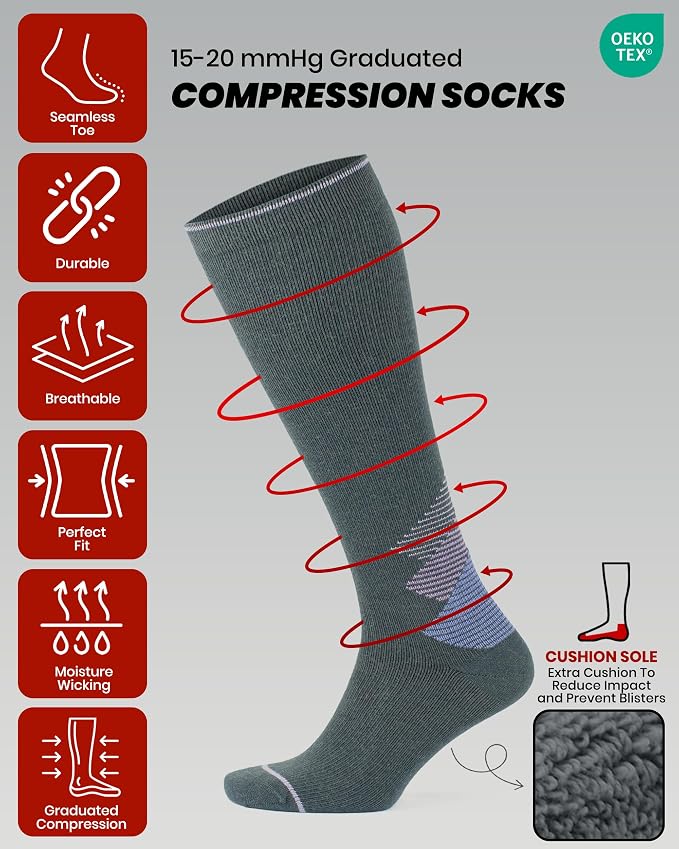 GoWith 15-20 mmHg Merino Wool Compression Socks, Thermal Travel Socks, Cushioned Knee High Hiking Socks for Men/Women - Image 4