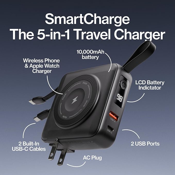 Statik SmartCharge (Gen 2) Power Bank, 5-in-1 Travel Charger, Wall Plug & Built-in USB C Cables, Watch Charger for Apple Watch, 10000mAh, European Adapter, Compatible with iPhone, iPad, Samsung - Image 2