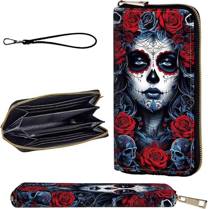 Wallet,Leather Long Wallet Suitable For Ladies And Teenagers - Detachable Wristband + RFID Travel Wallet With Card Slot - Sugar Skull Woman by Unknown