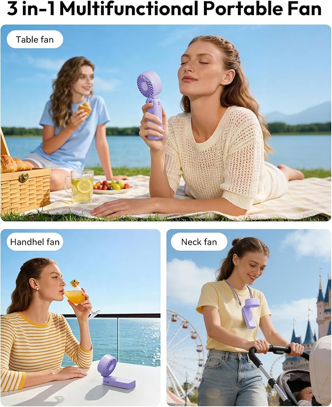 Gaiatop Portable Handheld Fan, Quiet 3 IN 1 Neck/Desk/Hand Fan | Max 18 Working Hours, 5 Speed Rechargeable Battery, Cooling for Travel, Beach, Women/Men Outdoor Activities Gifts Purple - Image 4