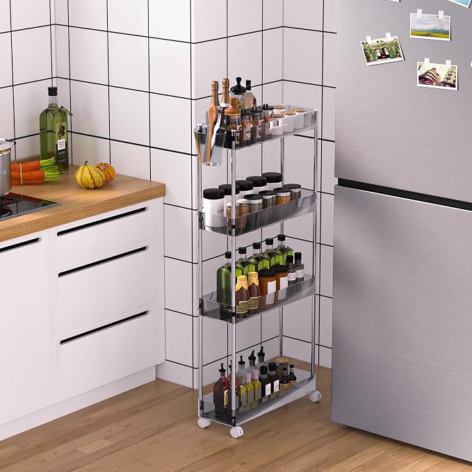 VECELO Acrylic 4-Tier Rolling Cart, Slim Utility Cart for Storage, Mobile Storage Cart with Lockable Wheels Hooks&Bucket for Office,Kitchen,Laundry Room Bathroom Living Room, Clear by VECELO