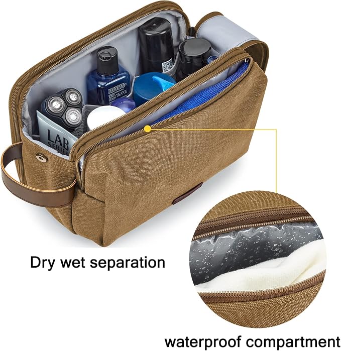 BAGSMART Toiletry Bag for Men, Canvas Travel Toiletry Organizer Dopp Kit Water-resistant Shaving Bag for Toiletries Accessories,Khaki-Large - Image 3