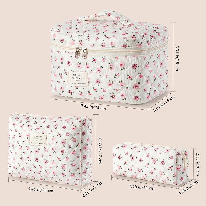 HBselect Quilted Makeup Bag, 3Pcs Cotton Large Travel Makeup Bags Organizer | Cute Floral Make up Bag Cosmetic Bag Toiletry Bag for Women Girls, Makeup Pouch for Skincare, Brushes & Travel Essentials - Image 6