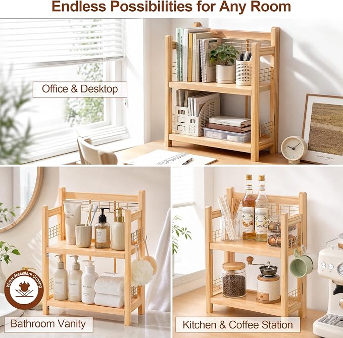 No-Assembly Coffee Bar Organizer, 2-Tier Coffee Station Shelf | Foldable Oak Wood Shelf, Coffee Station Accessories Storage for Syrup & Pod, 3 Hooks for Mugs, Kitchen Condiment Rack Natural - Image 3